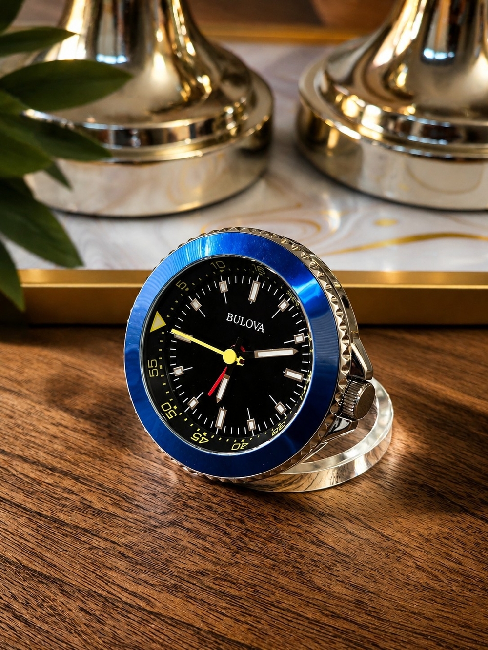 Bulova Blue and Black Desk Clock with Silver Case